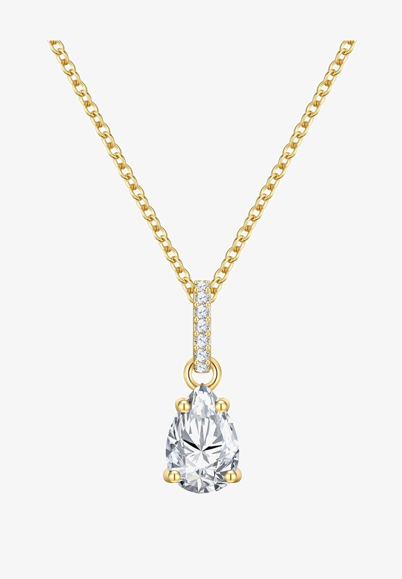 Kuldne kaelakee, millel on pisarakuju kristallripats, millel on ka lisaks väikesed selged kivid kaelaketi konksul.