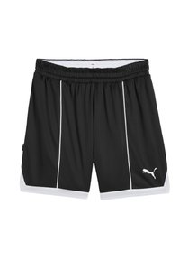Shorts de sport noirs avec des accents blancs et un logo Puma en bas à droite, dotés d'une taille élastique pour plus de confort.