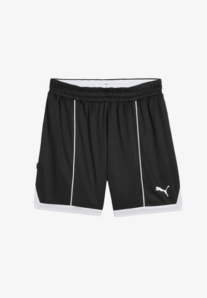 Pantalones cortos deportivos negros con acentos blancos y un logo de Puma en la parte inferior derecha, que cuentan con una cintura elástica para mayor comodidad.