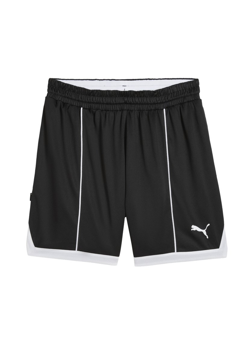 Shorts de sport noirs avec des accents blancs et un logo Puma en bas à droite, dotés d'une taille élastique pour plus de confort.