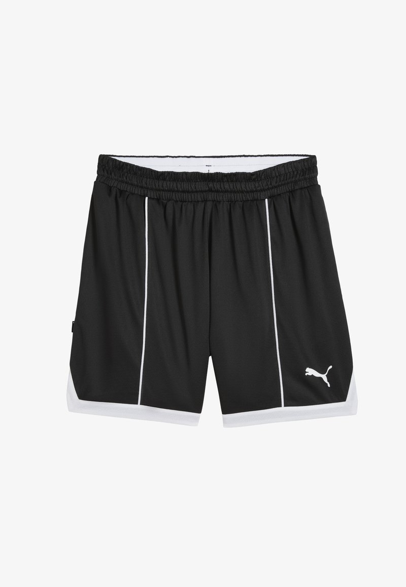 Shorts de sport noirs avec des accents blancs et un logo Puma en bas à droite, dotés d'une taille élastique pour plus de confort.