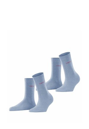 Chaussettes en coton bleu clair avec une texture côtelée et un design court. Présence du logo rouge "ESPRIT" près du poignet. Quatre paires incluses.