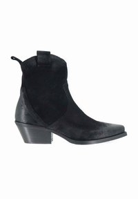 Stivale alla caviglia western in suede nero con punta appuntita, tacco a blocco e linguetta per il passaggio su sfondo bianco.