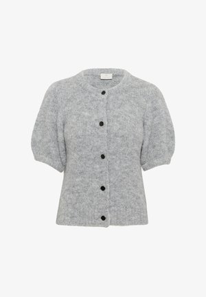 Pelēka adīta kardigāna ar īsām puff piedurknēm, apaļu kakla izgriezumu un melnām pogām priekšpusē. Patīkama tekstūra un brīvs piegriezums.