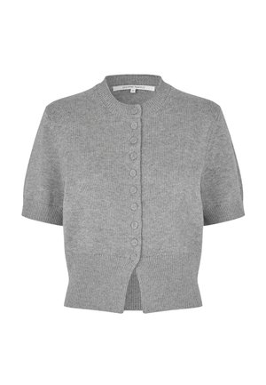 Šedý kardigan s krátkými rukávy z pletené látky, s kulatým výstřihem, zapínáním na šest knoflíků, žebrovaným lemem a bočními rozparky.