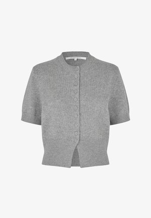 Szary kardigan z krótkim rękawem wykonany z dzianiny, z okrągłym dekoltem, zapięciem na sześć guzików, prążkowanym dołem i bocznymi rozcięciami.