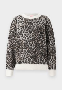 Džemper sa uzorkom leoparda, koji se odlikuje mekim, teksturiranim materijalom, okruglim izrezom i krem rebrastim porubom i manžetama. Paleta boja uključuje crnu, smeđu i krem tonove.