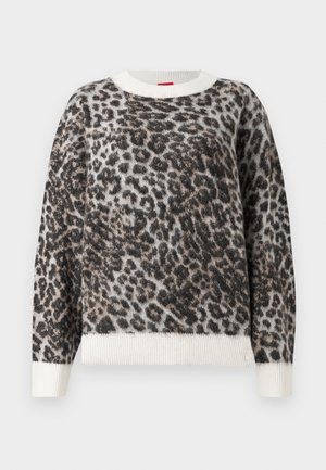 Maglione con stampa leopardata realizzato in un tessuto morbido e strutturato, con scollatura rotonda e orli e polsini a coste color crema. La combinazione di colori comprende tonalità di nero, marrone e crema.