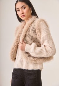 Jersey de punto con ribete de pelo sintético beige, que presenta un diseño texturizado y sutiles tonos terrenales. Llevado sobre pantalones oscuros y estampados.