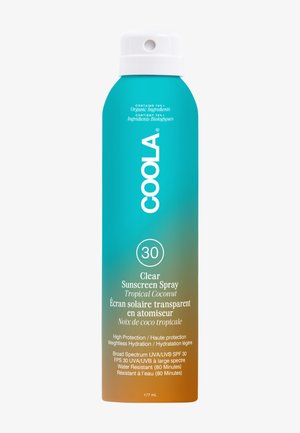 Blau-orange verlaufende Flasche COOLA Clear Sunscreen Spray LSF 30 mit tropischem Kokosnussduft, 177 ml, hoher Schutz, wasserbeständig für 80 Minuten.