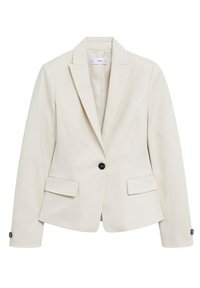 Kermakuvioinen bleiseri, jossa on muotoiltu istuvuus ja lovetut kaulukset. Varustettu yhdellä mustalla napilla, kahdella etutaskulla ja nappikoristeilla hihoissa.