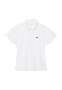 Witte poloshirt gemaakt van gestructureerd katoen, met een kraag, korte mouwen en een klein groen geborduurd krokodillenlogo op de borst.