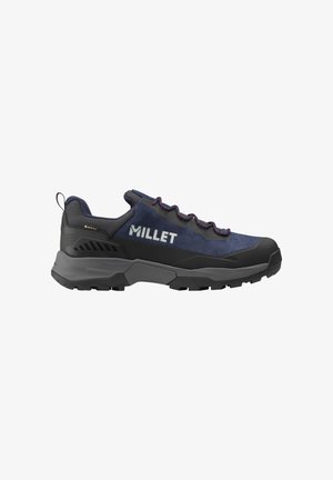 Men's Millet hiking shoes with a dark blue upper, grey accents, and a rugged black sole. Features laces and a logo on the side.