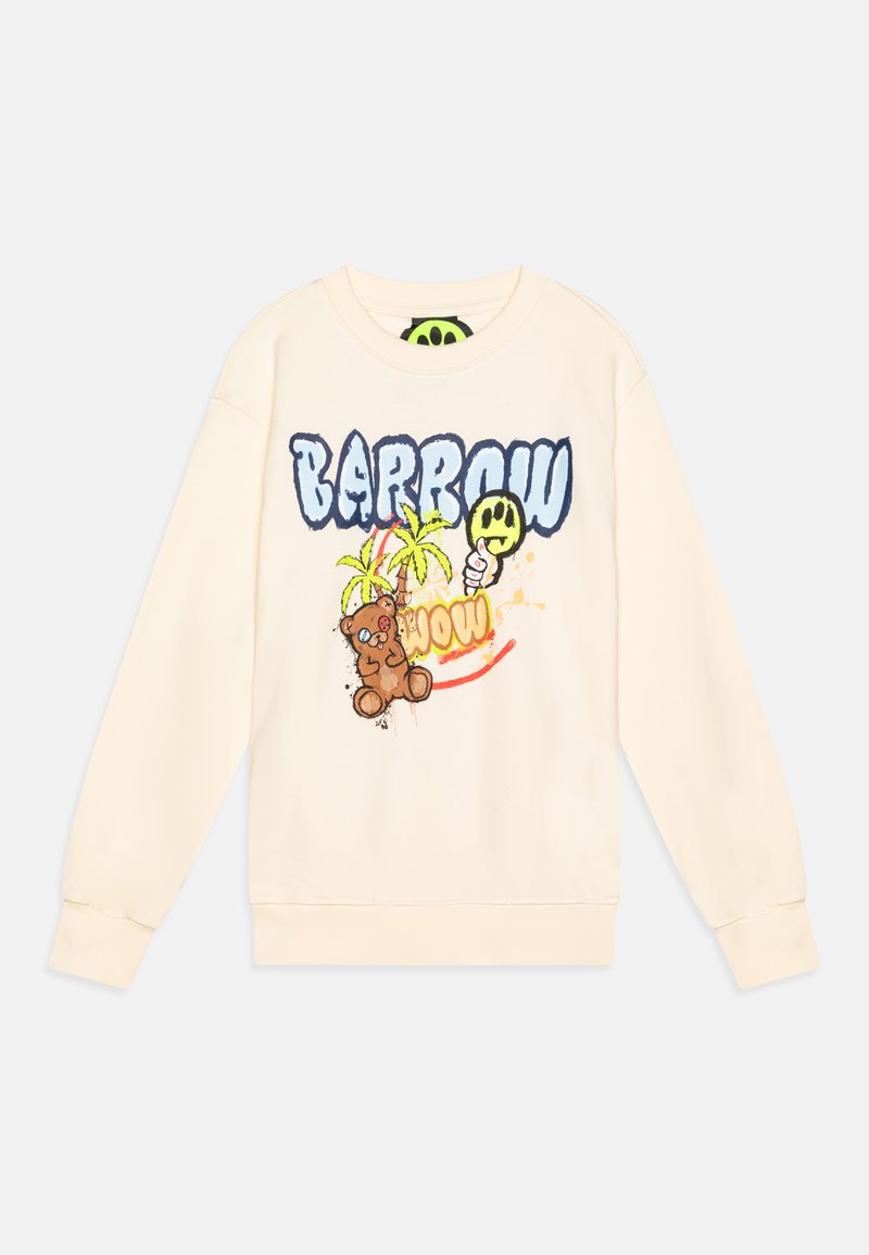 Sudadera color beige con un diseño gráfico colorido que incluye el texto "BARROW", un oso, palmeras y una cara sonriente. Textura suave, estilo de cuello redondo.