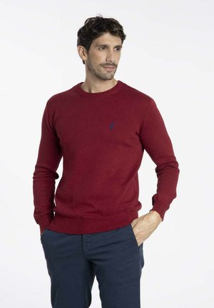 Pull en tricot rouge avec un col rond et des manches longues, présentant un petit logo bleu sur la poitrine ainsi qu'une bordure et des poignets côtelés.