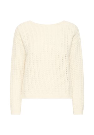 Kermanvärinen neulepaita, jossa on pitkät hihat ja leveä pääntie. Päällä on teksturoitu kaapelikuosi kauttaaltaan.