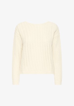 Pulover tricotat de culoare crem, cu mâneci lungi și guler larg, având un model texturat cu cabluri pe toată suprafața.
