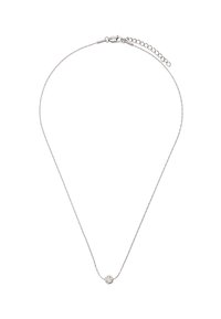 Srebrny naszyjnik łańcuszkowy o delikatnym wzorze ogniw, z okrągłym wisiorkiem ozdobionym małymi przezroczystymi kamieniami na środku.