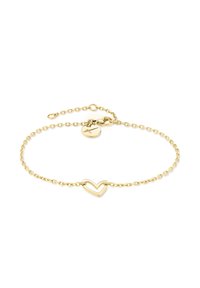 Bracciale in oro con ciondolo a forma di cuore e un piccolo charm rotondo, con un design a maglia testurizzata e una chiusura regolabile.