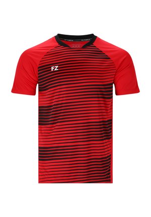Rød atletisk T-shirt med sort og rød vandret striber, rund hals, korte ærmer, og hvidt logo "FZ" på venstre bryst.