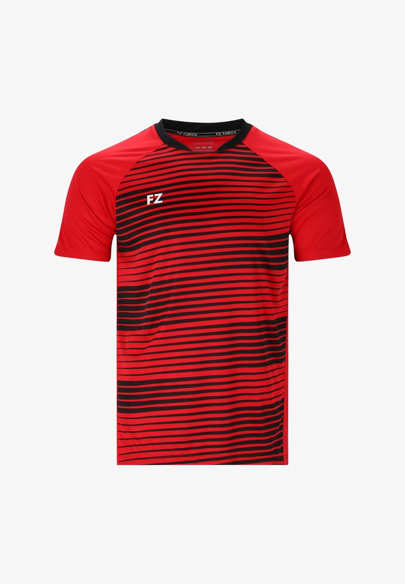 Punainen urheilupaita, jossa on mustat ja punaiset vaakasuorat raidat, pyöreä kaula-aukko, lyhyet hihat ja valkoinen "FZ" -logo vasemmassa rinnassa.