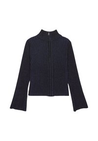 Donkerblauwe geribbelde coltrui met lange mouwen. De stof heeft een subtiele glans en verticale strepen. Ritsdetail bij de hals.