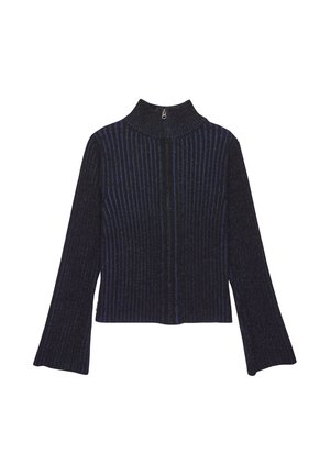 Pullover a collo alto in maglia a coste di un blu navy scuro con maniche lunghe. La stoffa presenta una leggera lucentezza e strisce verticali. Dettaglio con zip al collo.