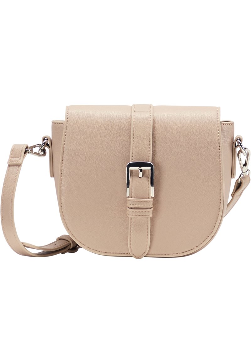 Borsa a tracolla in pelle beige con forma rotonda, dettaglio con fibbia argentata, tracolla regolabile e texture liscia. Design compatto e funzionale.