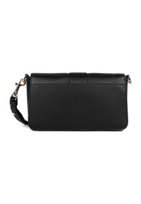 Borsa a tracolla in pelle nera con finitura testurizzata, forma rettangolare, chiusura a patta e tracolla rimovibile. Presenta dettagli in metallo color oro.