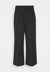 Pantalons noirs cropped avec une taille élastique, présentant une coupe droite et une texture lisse, sans poches ni motifs.