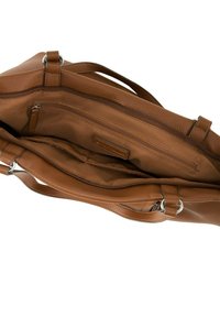 Braune Lederhandtasche mit strukturiertem Oberflächen, ausgestattet mit zwei Fächern, einer Reißverschluss-Tasche und stabilen Griffen. Das Innere ist mit Stoff ausgekleidet.