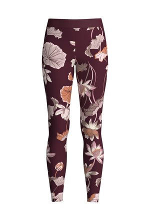Bordeauxfarbene Leggings mit floralem Muster, das große weiße und pfirsichfarbene Blumen zeigt. Aus elastischem Material mit einem Gummibund gefertigt.