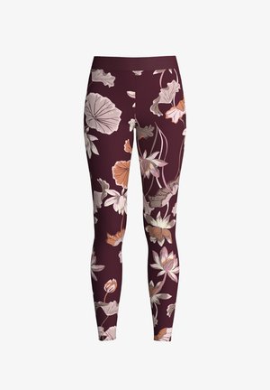 Bordeaux leggings met een bloemenpatroon met grote witte en perzik bloemen. Gemaakt van rekbaar materiaal met een elastische tailleband.