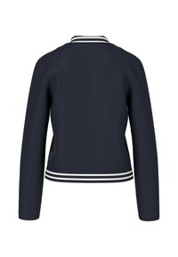 Navy blue jacket with a ribbed collar and striped accents at the hem. Features long sleeves and a fitted design with visible seam detailing.