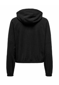 Musta lühikeste käistega kapuutsiga fliisist crop-hoodie. Omab kapuutsi, elastset allääret ja pikki varrukaid ribikantidega.