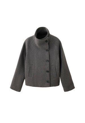 Dunkelgraue Wolljacke mit hohem Kragen, fünf schwarzen Knöpfen vorne und zwei Fronttaschen auf weißem Hintergrund.