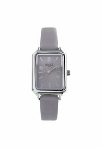 Zilverkleurig rechthoekig horloge met een grijze leren band, een grijze wijzerplaat en witte uurmarkeringen. Heeft de merknaam "regal" in het midden.