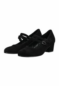Zapatos Mary Jane de ante negro con tacón bajo en bloque y diseño de doble hebilla. Textura suave y forma de punta redondeada.
