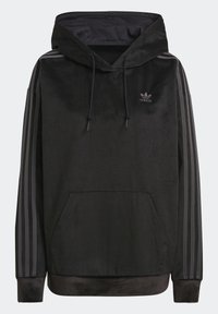 Svart hoodie i manchester med framficka, justerbar huva med dragsko och tre vertikala ränder på varje ärm. Har en liten logotyp.