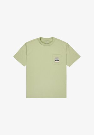 Hellgrünes Baumwoll-T-Shirt mit kurzen Ärmeln, rundem Ausschnitt und einer kleinen Fronttasche mit einem mehrfarbigen grafischen Design.