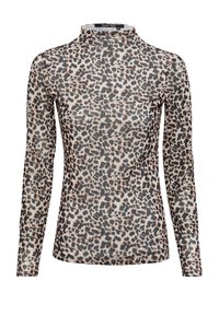 Transparente Bluse mit langen Ärmeln und Stehkragen, im Leopardenmuster in Schwarz, Beige und Brauntönen aus leichtem Material.