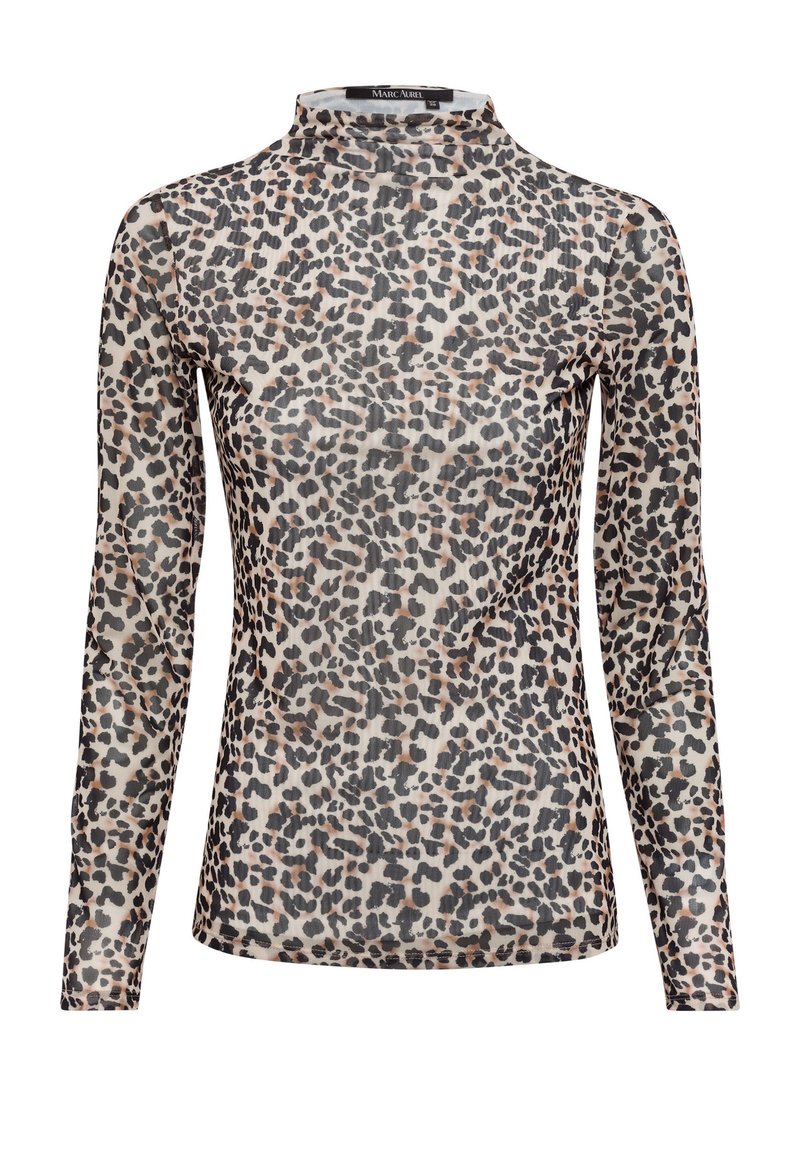Transparente Bluse mit langen Ärmeln und Stehkragen, im Leopardenmuster in Schwarz, Beige und Brauntönen aus leichtem Material.