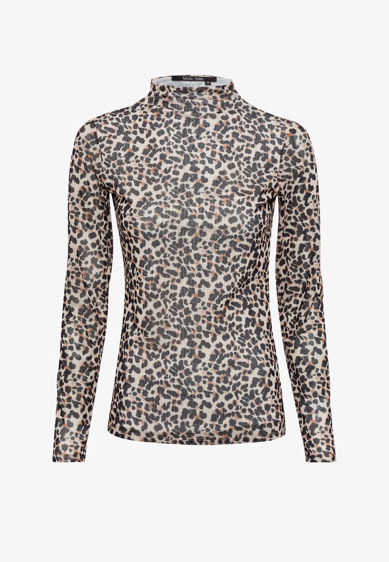 Sheer long-sleeve top with a mock neck, featuring a leopard print in black, beige, and brown tones on lightweight material.