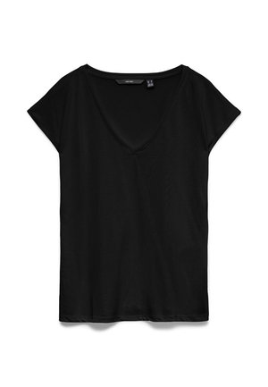 Black short-sleeve t-shirt with a v-neck design, made from soft fabric, featuring a relaxed fit and a smooth, slightly matte texture.