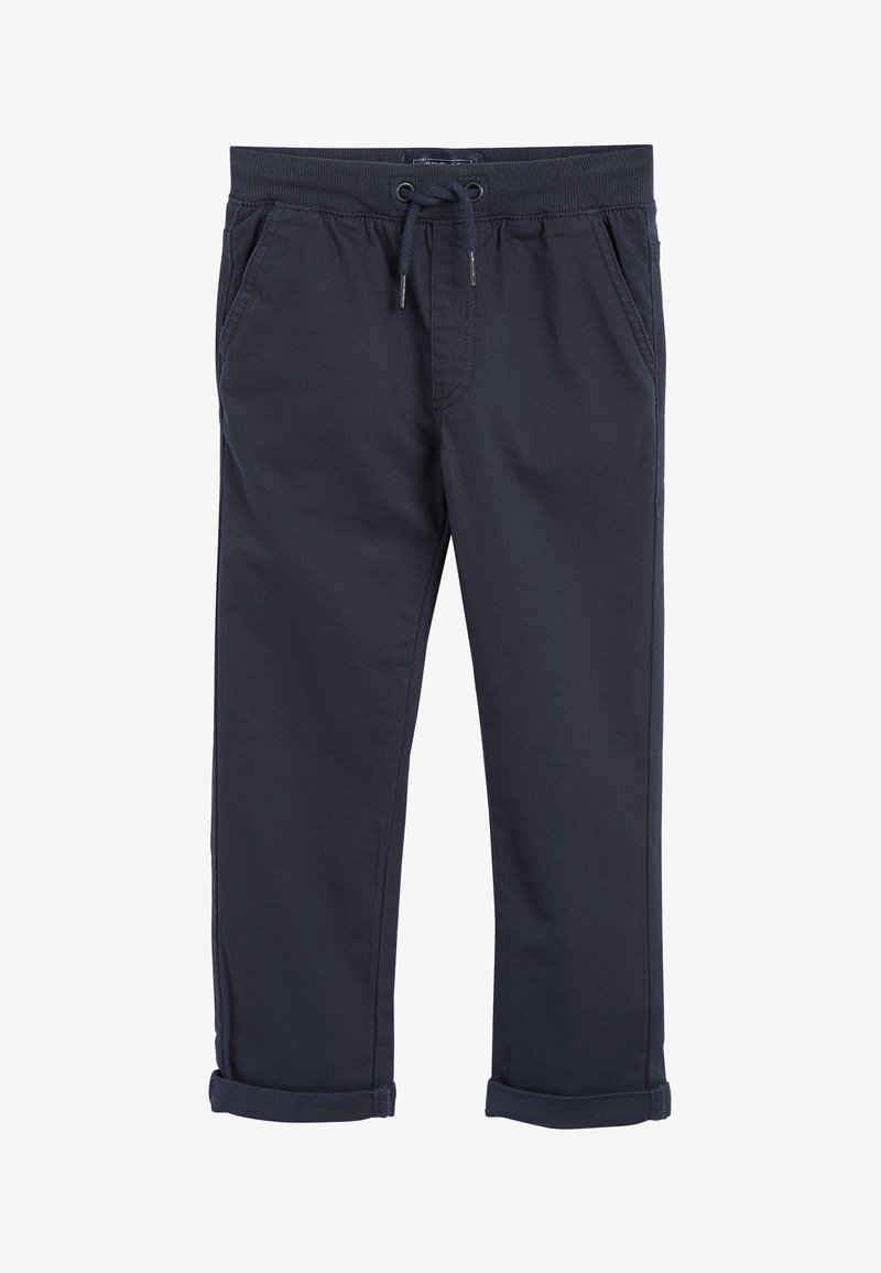 Pantalon décontracté bleu marine avec taille élastique, cordon de serrage réglable, poches latérales et revers roulés.