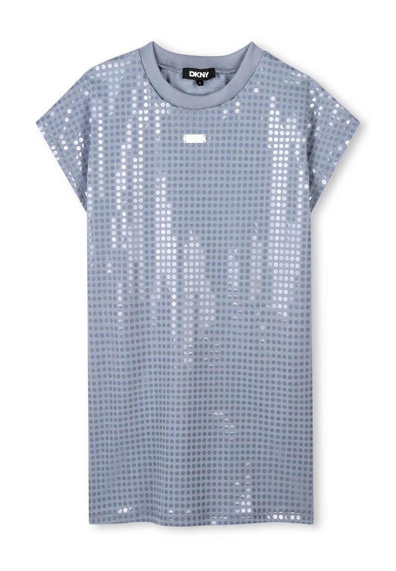 T-shirt à manches courtes en gris clair avec des sequins circulaires brillants ; col rond ; coupe décontractée ; petite étiquette logo à l'avant.