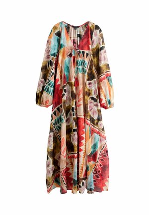 Langes Kleid mit einem farbenfrohen, abstrakten Muster in Rot-, Türkis- und Brauntönen. Hergestellt aus leichtem Stoff mit elastischen Ärmeln und einem Quastenakzent.