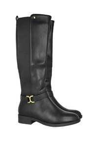 Botas de cuero negras hasta la rodilla con tacones bajos, paneles traseros de elastano acanalados y detalles de hebilla en tono dorado en las correas laterales.