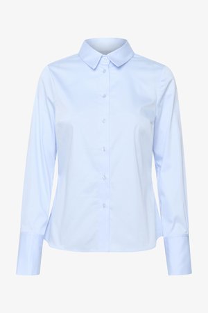 Svetlo modra srajca z dolgimi rokavi in gumbom s klasičnim ovratnikom, izdelana iz gladkega blaga, s prvim gumbom po sprednji strani in zadrgo z zategnjenimi manšetami.