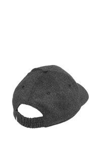 Graue Wollmütze, runde Form, verstellbarer Rücken, strukturierte Oberfläche, sechs Belüftungsöffnungen, mit Öffnung für einen Pferdeschwanz auf der Rückseite.